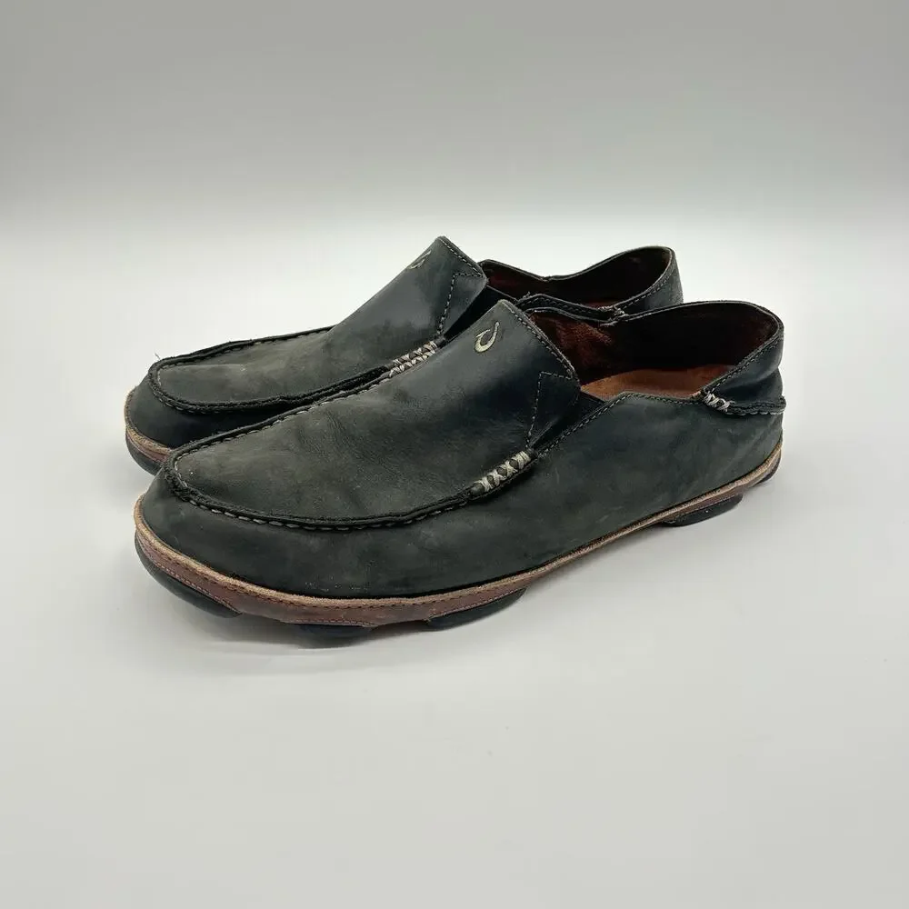 OluKai Moloa Mens 11 Black Leather Slip On Low Top Casual Comfort Loafers